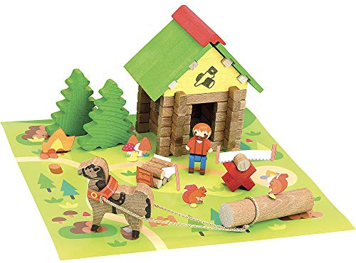 Jeujura - Maison du Bûcheron 50 Pièces - Jeu Construction dès 3 Ans - 8226 | Jeu en bois enfant - Personnage, animaux et tapis de jeu inclus - Imagination - Fabriqué en France
