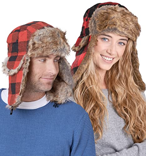 Tough Headwear Chapeau de Trappeur d'hiver – Chapka Russe pour Homme et Femme – Casquette pour l'hiver avec Cache Oreille - Fausse Fourrure - Design Unisexe - Bucheron