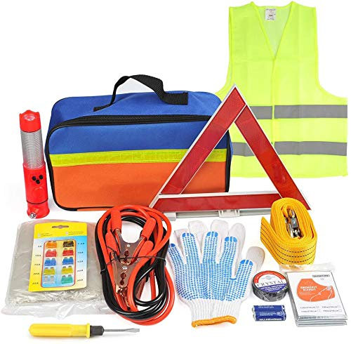 Kit d'urgence voiture 12 pièces Trousse de secours Kit de sécurité pour jeune conducteur Voiture Fusibles plats pour auto 3m Corde de remorquage câbles de démarrage de 2 m avec pinces cuivrées 500A