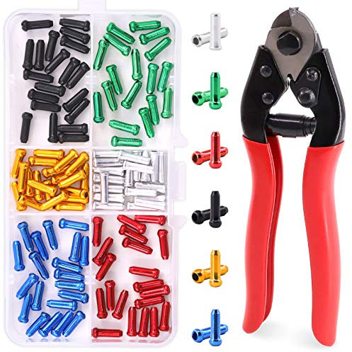 Glarks 121-teiliges Fahrradkabel-Endkappen und -schneider-Set, 120 Stück, 6 Farben, Endklemmen mit Edelstahl-Drahtseil und Flugzeug-Kabelschneider bis 5/32