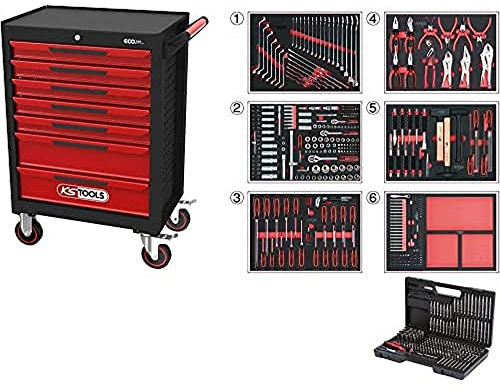 KS Tools 897.7598 Ecoline SCHWARZ/ROT Werkstattwagen, mit 598 Premium-Werkzeugen in 6 Einlagen u. 1/4 Bit-Satz in Box