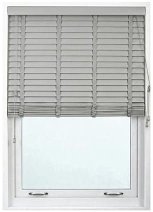 Grey/Silver Tape Design Faux wood window Shutters, 105cm Width x 213cm Drop | 50mm Horizontal Slats - Included Child Safe, Home Office Window Venetian Blinds