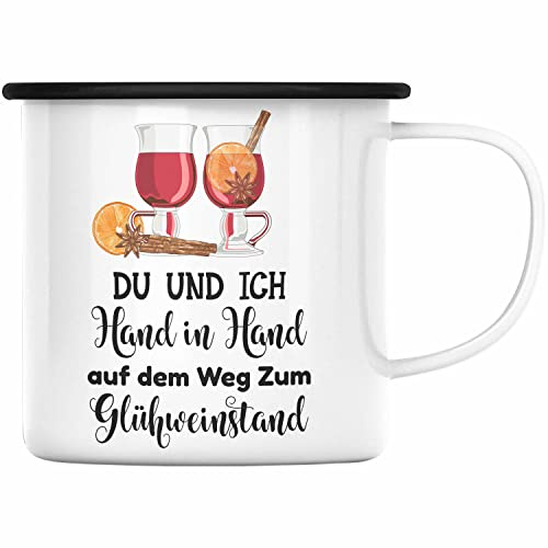 Trendation - Glühwein Emaille Tasse Lustig Spruch Glühweinbecher Doppelwandig GlühweinEmaille Tassen Gläser Weihnachtsmarkt Becher Emaille Tassen Geschenk - Hand In Hand Zum Glühweinstand (Schwarz)