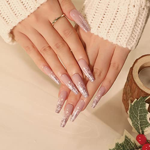 Bufenia 24 Stück künstliche Nägel mit Weihnachts-Sarg, Schneeflocke, Ballerina, falscher Nagel, Glitzer, vollständige Abdeckung, Acryl, quadratisch für Frauen und Mädchen (F)