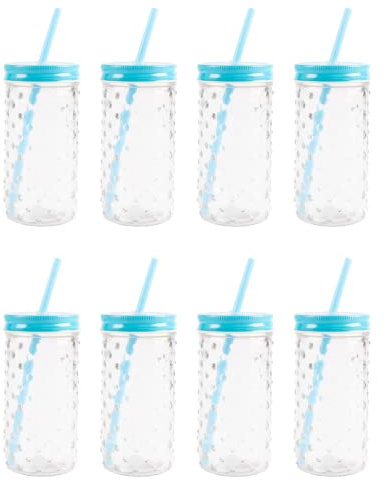 FabFinds Bubble Mason Glass Jars with Lids Cocktail Glasses with Reusable Straw 16ozX8 (B1 Blue)