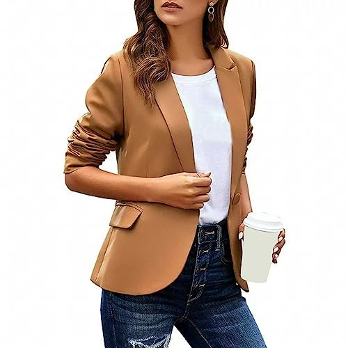 L9WEI Blazer para mujer, monocolor, manga larga, elegante, blazer de solapa, elegante, para negocios, oficina, oficina, otoño, ropa de exterior, caqui, M