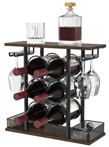 VyGrow Weinregal, robuste Weinhalter, 3 Tier Holz & Metall Weinregale Counertop, einfache Montage Weinflaschenhalter für 6 Flaschen und 4 Gläser für Zuhause, 6,29„ D x 16,14“ W x 15,82 H