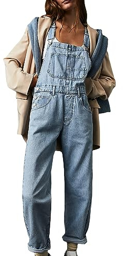 FeMereina Denim Overalls for Women Loose Fit Classic Bib Casual Jean Stretchy Denim Overall Jumpsuit Tapered Leg Jean Pants (Light Blue, L)