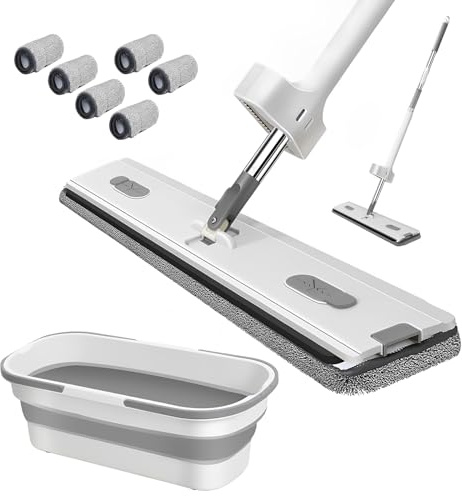 Lot de 6 serpillères plates avec seau - Avec poignée en acier inoxydable et 6 têtes de balai en microfibre - Pour bois dur, carrelage, stratifié