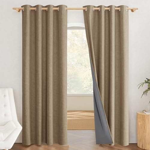PONY DANCE 100% Blackout Linen Look Coating Curtains - 84 Inch Drop, Thermal Eyelet Top, Soundproof for Bedroom & Living Room, 52 Inch Wide, 2 Panels, Dark Caramel