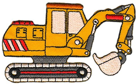 Bagger Gelb Baustelle Aufnäher zum aufbügeln oder aufnähen Bügelbild Aufbügler für Kleidung gestickter Bügelflicken Applikation Patch Größe 9,5 x 5,5 cm
