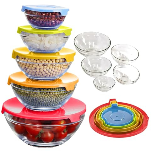 SAMTEK Glass Bowls with Lids - 5 Piece Glass Salad Bowl Set - Meal Prep Containers with Colorful Lids - Food Storage Containers for Baking, Serving, Dishwasher Safe
