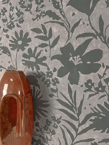 Newroom Tapete Grau Vliestapete Blumen - Mustertapete Floral Anthrazit Dunkelgrau Blüten Blätter Blumentapete Romantisch Natur Textilstruktur inkl. Tapezier-Ratgeber