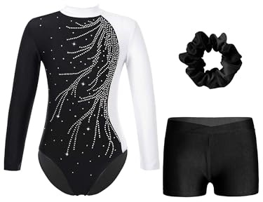 iiniim Mädchen Turnanzug Glitzer Gymnastikanzug mit Shorts Haarband Trikotanzug Langarm Gymnastik Leotard Wettbewerb Tanzkostüm Weiß&Schwarz 110-116