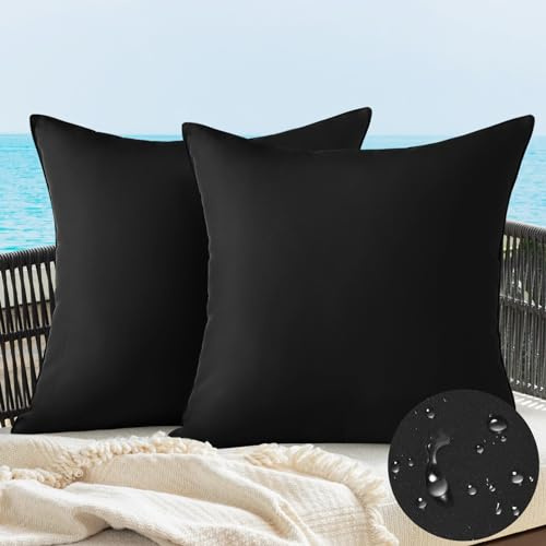 JOTOM 2er Set Outdoor wasserdichte Kissenbezüge, Dekorative Weich Einfarbig Wurf Kissenbezug Moderne Kissenhüllen Sofakissen Dekokissen Zierkissenbezug für Garten Wohnzimmer Deko (45x45cm, Schwarz)