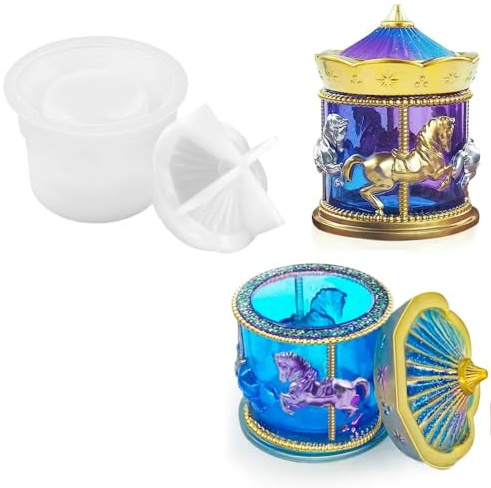 DIYBravo Caja de carrusel de resina con tapa, soporte para baratijas, tarro de silicona, caja de almacenamiento de joyas, caja de almacenamiento de resina epoxi UV, molde de fundición para joyas, caja