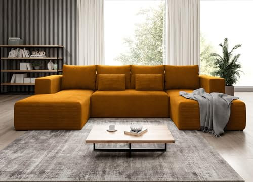 Easy4You Ecksofa Senf Stripes Kord U-Form – 324x73x161 cm - Schlafsofa mit Bettkasten und Schlaffunktion - Eckcouch mit Stauraum – Stoff Kord POSO 01