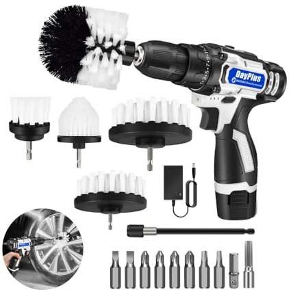 Cordless Drill Brush Set,16.8V Battery Power Drill Drivers Electric Screwdriver,25+1 Torque,for Kitchen,Pool,Flooring and Car Wheels Cleaning (with 10 Drill Bits,5 Brushes,1 Extension Rod)