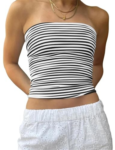 Yassiglia Sommer Bandeau Top Damen Schulterfrei Crop Tops Ärmellos Rückenfrei Oberteil Frühling Basic Unterhemd Tube Top Slim Fit Skims Dupe (Schwarz Gestreift, S)