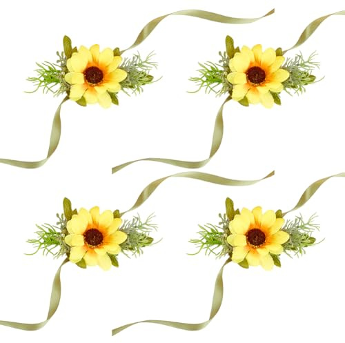 craspire 4 Stück Sonnenblumen Ansteckblume Fürs Handgelenk Gelbes Seidentuch Kunststoff Imitationsblume Grünes Blatt Mit Seidenband Blumenbrosche Set Fürs Handgelenk Für Braut Brautjungfern
