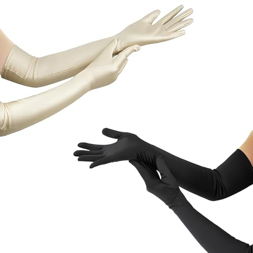 JAONLD Lange Handschuhe Damen 2 Stück Handschuhe Damen Elegant 53 cm Champagner und Schwarze Handschuhe Lang Satin Handschuhe 1920er Jahre Stil Geeignet für Opern, Maskerade und Rollenspielkostüme