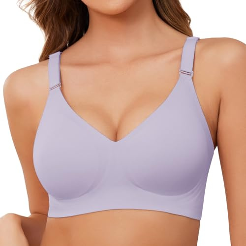 TOMEEK Bras for Women Non Wired Support Full Coverage Push up V Neck Seamless Wireless Bra Ladies Comfort Everyday Bras Zero Feel Bralettes with Pads(Purple,L)