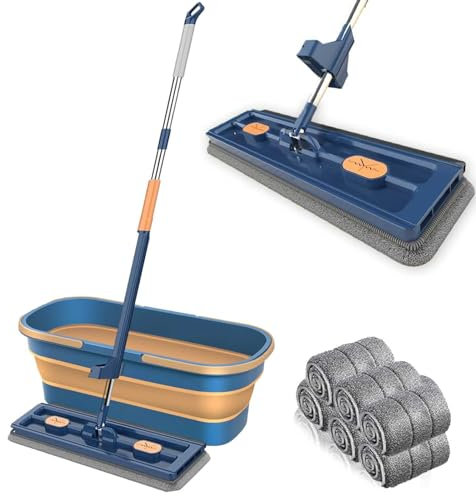 Micelón de microfibras con Almohadillas Reutilizables y Mango de Acero Inoxidable para Uso húmedo y seco, depósito Plano y Cubo, trapeador de Manos Libres y Sistema
