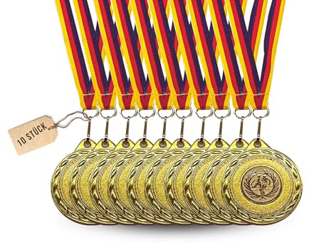 Carlso Goldmedaillen Set, 10 Stück, mit Dreifarbigem Band, 50mm Durchmesser, für Geburtstag Turnier, Mitgebsel, Fussballmedaille, Fussball Medaillen, Preis (FUSS1, 10)