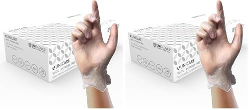 UNIGLOVES Unicare Vinyl Multipurpose Disposable Gloves, Powder Free, Latex Free, Medium Weight, Box of 100 Gloves, Clear, Size Small (GS0062) (Pack of 2)