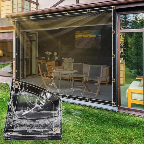 OKYUK Black Clear Tarpaulin Waterproof Heavy Duty, Sunshade Waterproof Clear PVC Tarp, Protects UV, Tear, Hot Cold Weather, for Garden Patio Gazebo, Canopy Outdoor, With 10m Ties (4m x 5m)