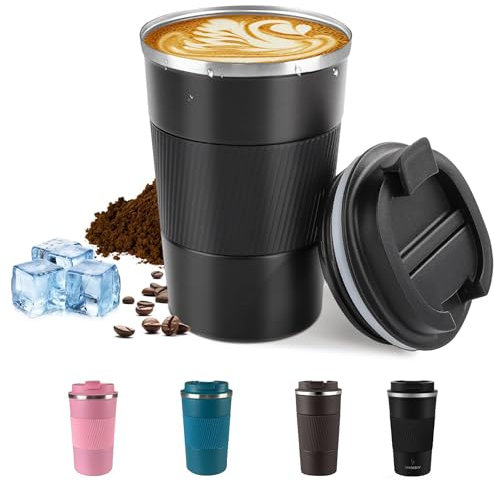 KANGSIT Travel Mugs, Insulated Coffee Cup with Leakproof Lid - Travel Mug Vacuum Stainless Steel Double Walled Mug for Hot and Cold Coffee Water and Tea - 380ml (Black)