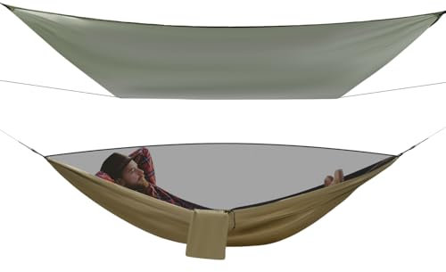 Camping Hängematten Set, Outdoor Hängematte Zelte, Moskitonetz, Insektennetz, Regenfliege, Hängebett Geeignet für Outdoor, Wandern, Camping, Reisen (Armeegrün)