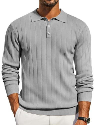 COOFANDY Jersey Tipo Polo para Hombre de Manga Larga de Punto Corte Regular Gris Claro XL