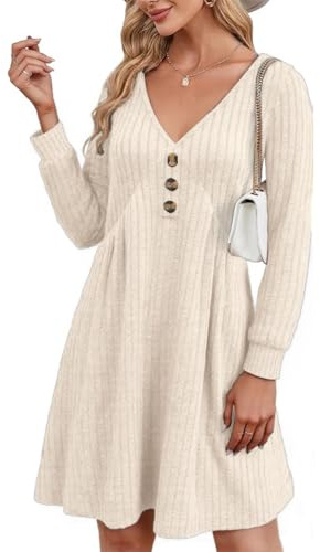 GRMLRPT Robe Femme Décontracté Robes Manches Longues Pull A-Line à Col V Tissu du Côtelé Pullover Chaud Casual Automne Hiver pour Bureau(Gris,L)