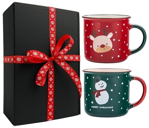 AzaliaDesign Set 2er Weihnachtsbecher Weihnachtstassen Rentier Schneemann Kaffebechern Teetassen Perfekt für Weihnachten 400ml in Geschenkbox