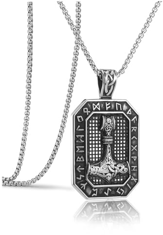 Edelstahl Viking Thor Hammer Anhänger Halskette mit Runen, Nordische Mythologie Mjölnir Hundemarke, 55mm x 39mm, 24 Zoll Kette, Antik Silber
