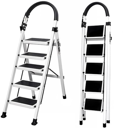 Escalera Plegable 5 peldaños con pasamanos y con Pedal Antideslizante | Taburete Multifuncional con Superficie | Escaleras Plegables Domésticas | Step Ladder para Hogar (5 escalones)