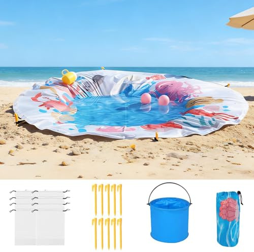 SKIKHN Strandpool für Kleinkinder, Tragbarer Toddler Beach Pool 140cm, Round Beach Puddle Pool Faltbares, Strandpooldecke Kinder Mit Tragebeutel und Befestigungsklammern, Für Reise Urlaub Picknick