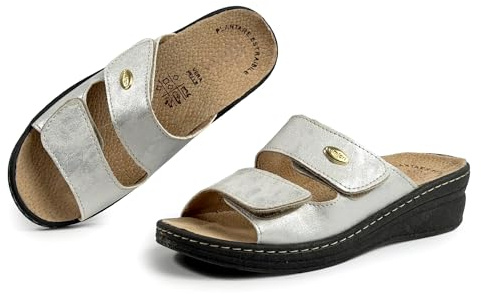 JOMIX Mules Femme Orthopédiques à Scratch Pantoufles d'Été Anatomiques Semelle Amovible en Cuir Véritable Sandales églables Compensées Confortables pour Pieds Sensibles et Senior Bleu 35