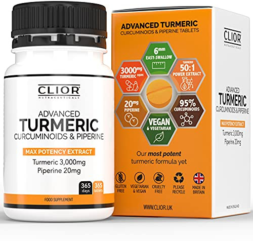Turmeric Curcumin 3,000mg with Black Pepper x 365 Vegan Tablets High Strength | 1 Year Supply | 95% Curcumins + 20mg Piperine | Tiny Easy-to-Swallow Supplements by Clior (Cambridge Labs)