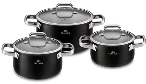 Gerlach Prime Topf-Set aus Edelstahl Kochtopf Kochtopf Töpfe mit Deckel Induktion Induktiontopf Kochgeschirr Induktionsgeeignet 18 cm 2 L 20 cm 3 L 24 cm 5,0 L, Schwarz