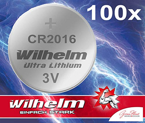Wilhelm CR2016 Lithium Knopfzellen 3V – 90 mAh, ø20 x 1,6 mm – 100 Stück