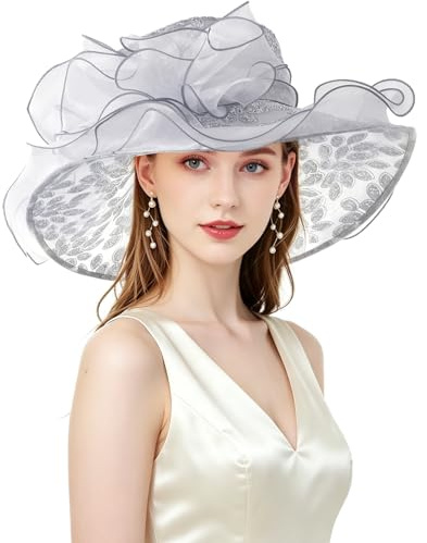 ELLYDOOR Derby-Fascinator für Damen, Organza, Kirche, Hochzeit, Teeparty, Hut, breite Krempe, Sonnenhut, 06 Grau, Einheitsgröße
