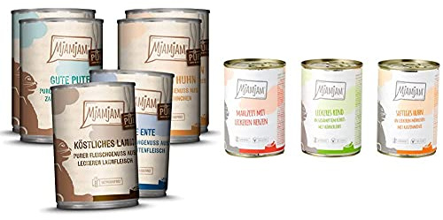 MjAMjAM - Premium Nassfutter für Katzen - Mixpaket 5 - Purer Fleischgenuss, 6er Pack (6 x 400 g) & Premium Nassfutter für Katzen - Mixpaket 1 - Huhn, Rind, Herzen, 6er Pack (6 x 400 g)
