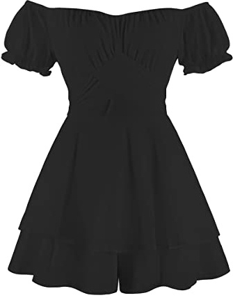 Women Boho Romper Off Shoulder Ruffle Chiffon Shorts Mini Dress Floral Print One Piece Casual Strapless Jumpsuit Double Layer Ruffle Hem Playsuits Beach Summer Dresses Overall Outfit Black Small
