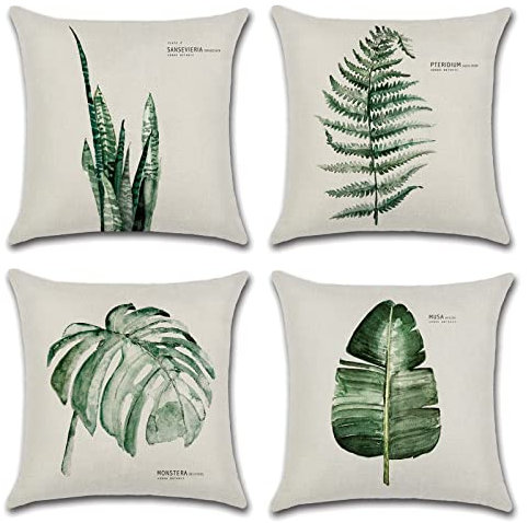 OCEUMACO Leinen Kissenbezug 50x50 Blätter Muster Kissenhülle 4er Set Quadratisch Sofakissen Dekokissen Bezug für Couch Pflanzen Kissen Kissenbezüge Outdoor Deko Zierkissen Couchkissen - Grün
