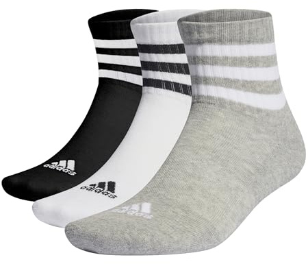 adidas Unisex 3-Stripes Cushioned Sportswear Mid-Cut Socks 3 Pairs, Medium Grey Heather / White / Black, 6.5-8