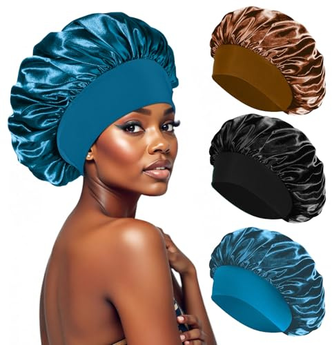 PAEFIU 3 Stück Satin Haarhaube, Schlafmütze Satin Bonnet Nacht Weiche Atmungsaktive Seidenhaube Zum Schlafen für Damen und Mädchen