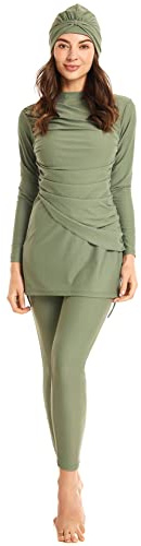 FYMNSI Muslimische Badeanzüge für Damen, Burkini, islamisch, bescheiden, volle Abdeckung, Badeanzug, langärmelig, Top-Hose, Hijab, 3-teiliges Set, grün, L