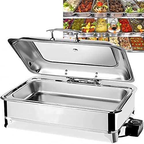 RSHJD Chafing Dish Elettrico 9L Scaldavivande Professionale per Buffet, Chafing Dish in Acciaio Inox con on Coperchio in Vetro Trasparente per Buffet, Feste e Banchetti, Temperatura Regolabile